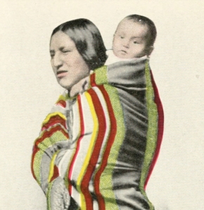 This is both a photograph of a real, unnamed mother and baby, and a picture of a fictional character named Shinkah. Frontispiece to Shinkah, The Osage Indian (1916).